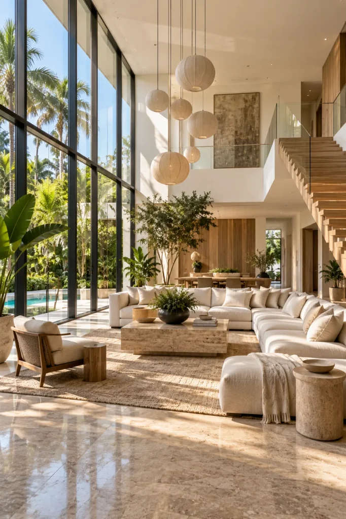 Double-height living room with floor-to-ceiling windows