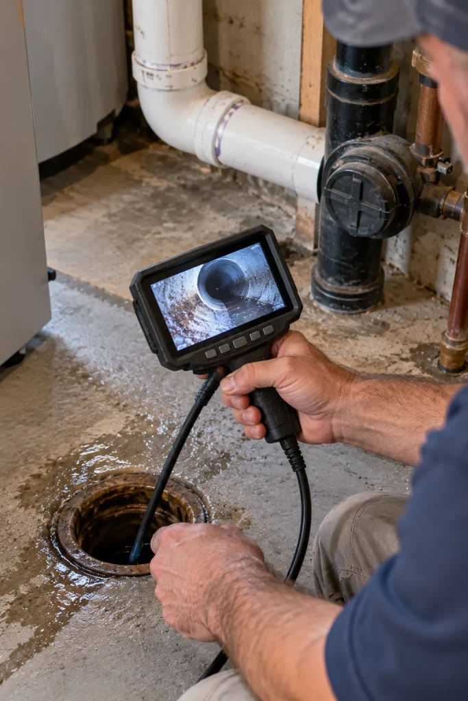 A plumber holding a small inspection camera screen while checking a drain