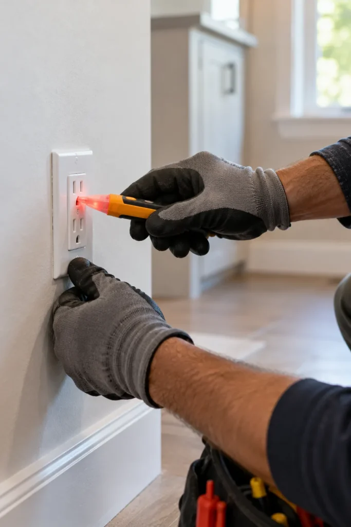 Close-up of an electrician testing an outlet