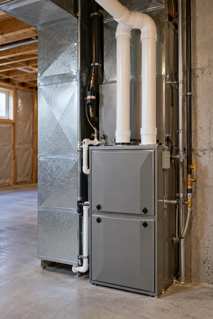 A modern high-efficiency gas furnace and white PVC vent pipes in a tidy basement