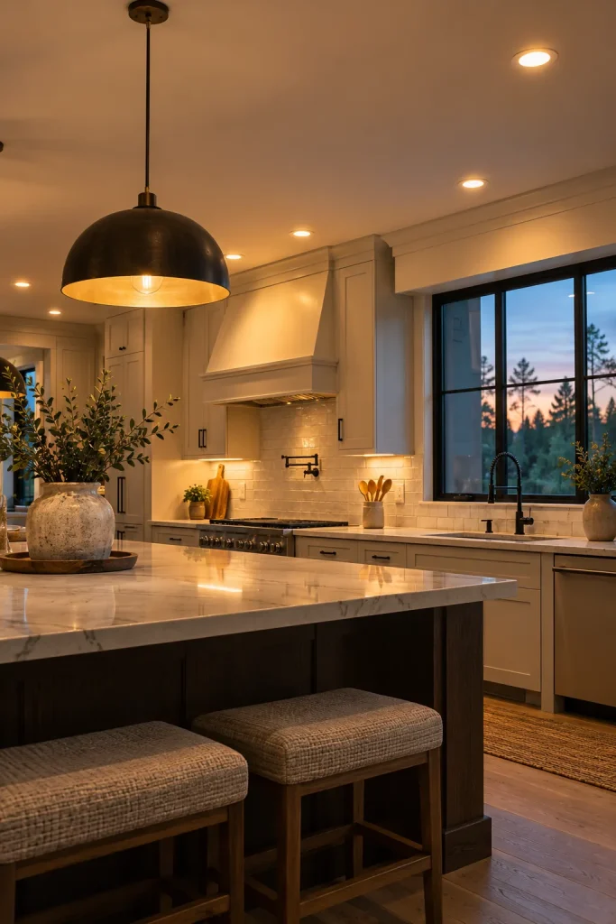 Warm recessed ceiling lights and a pendant lamp in a modern kitchen at dusk