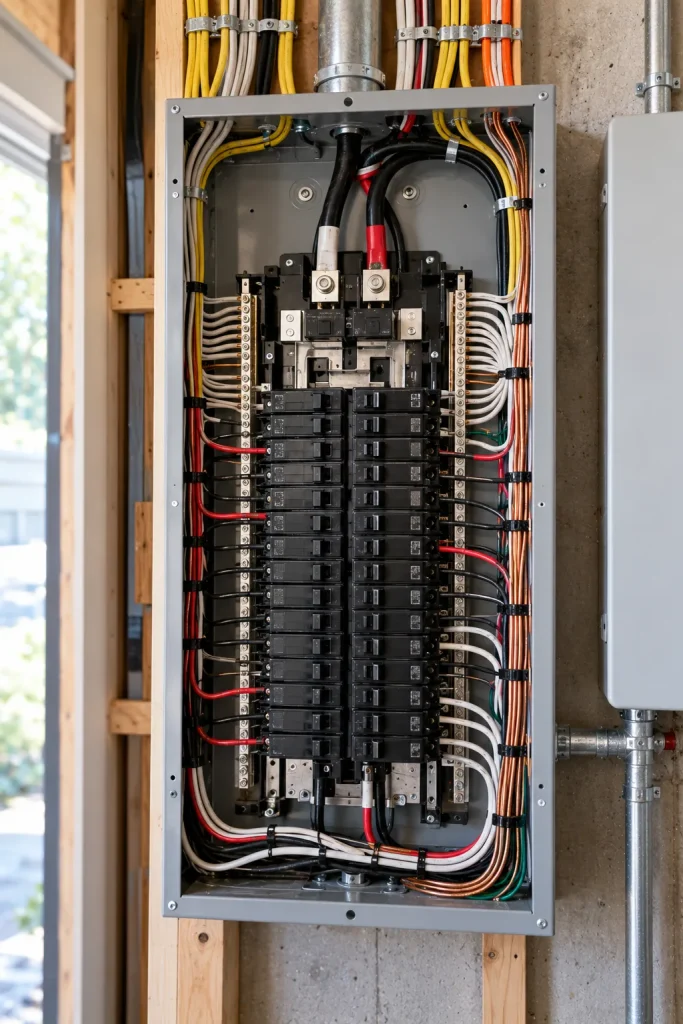 An open residential electrical panel with neatly labeled breakers and new wiring