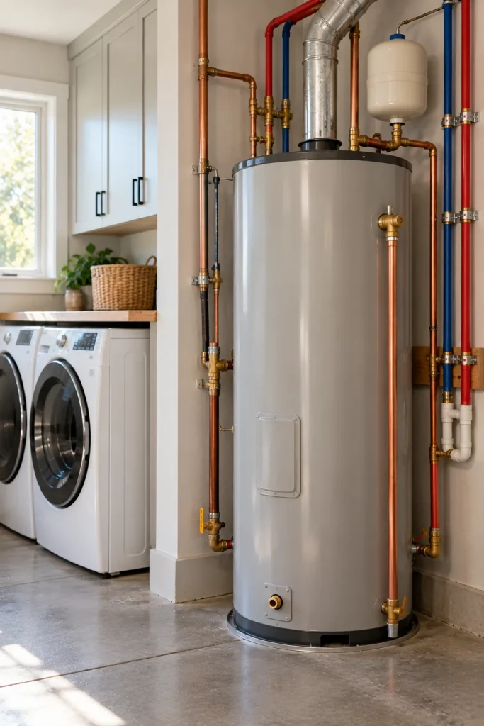 A new tank water heater with copper and PEX lines in a laundry room
