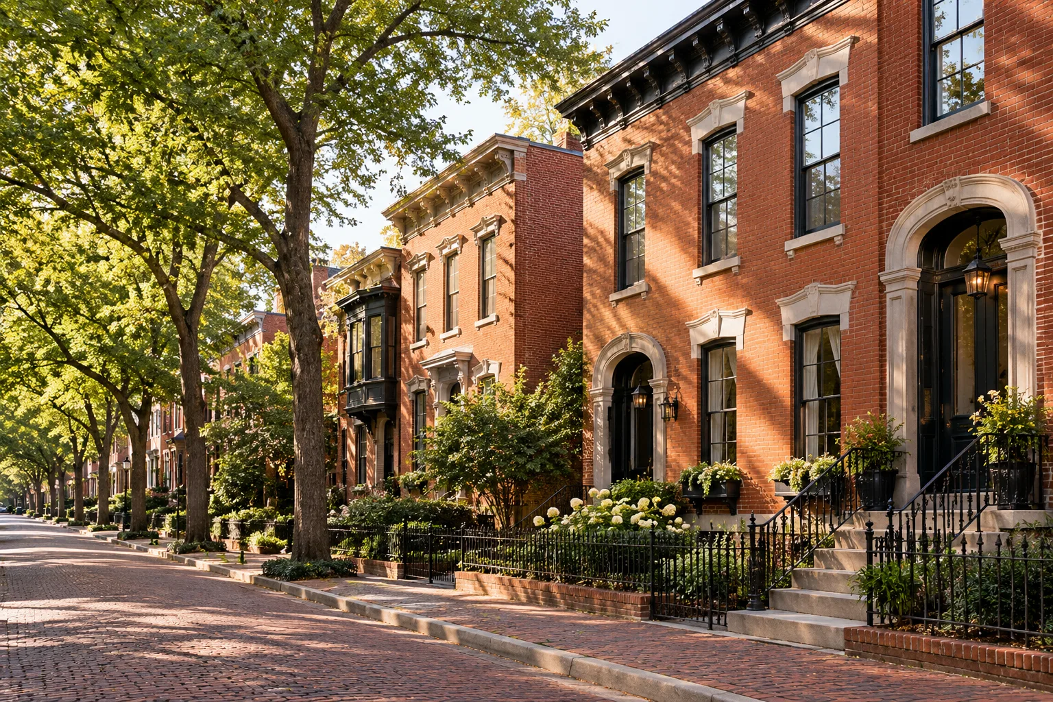 A row of restored brick Italianate homes