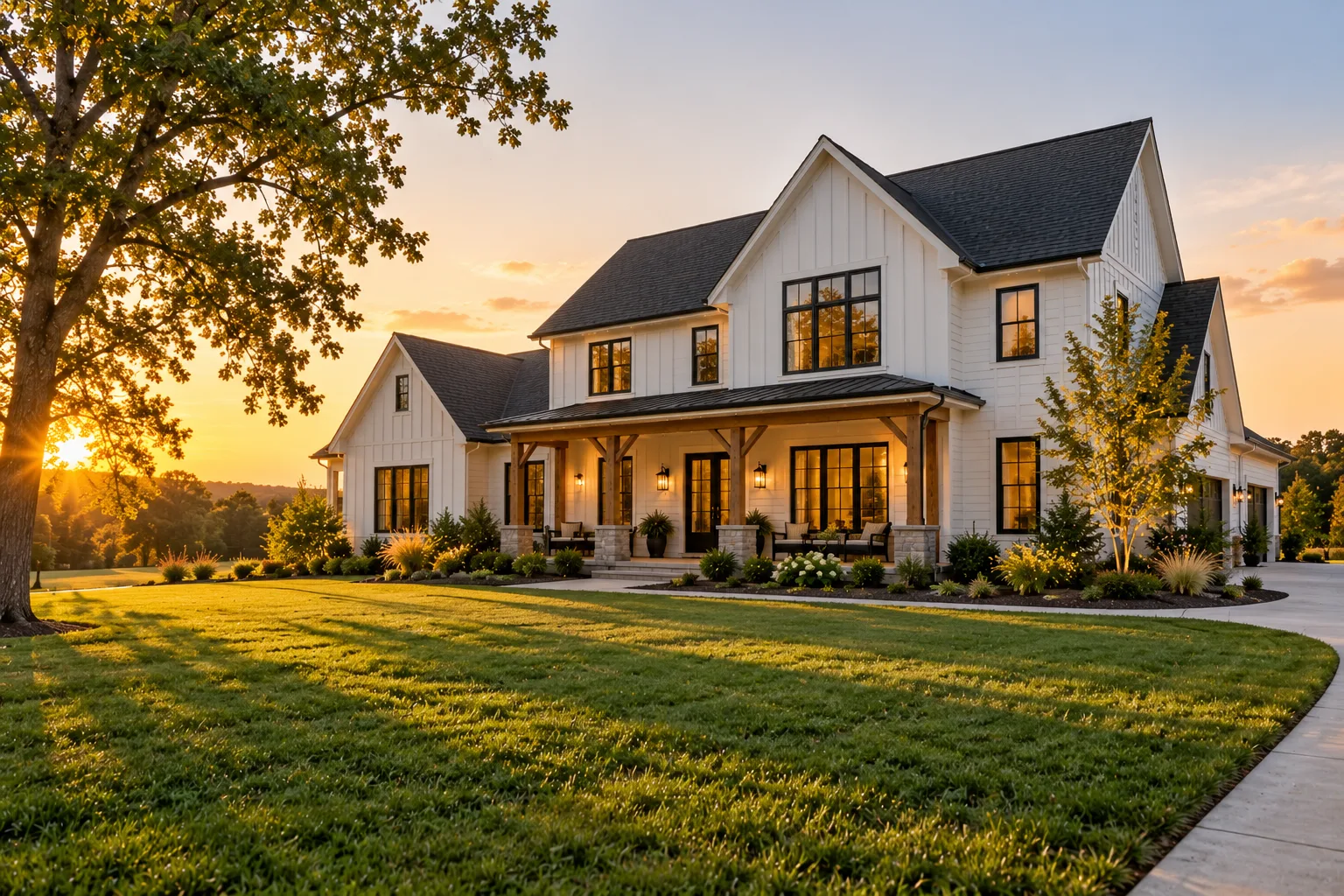 A large modern farmhouse with white siding and black windows