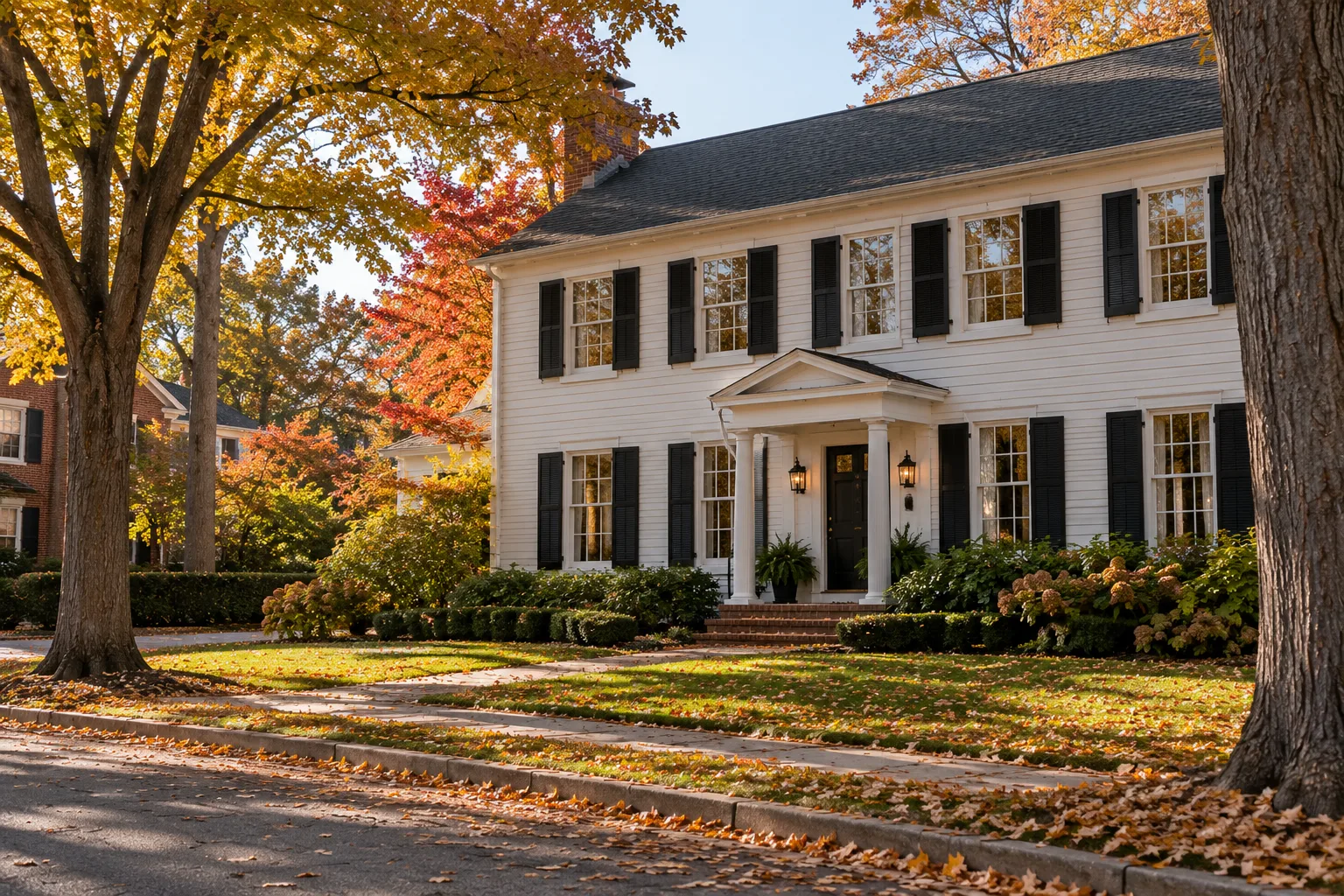 A white two-story colonial home with black shutters