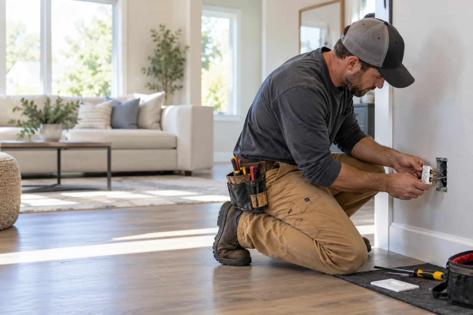 An electrician replacing a wall outlet in a bright living room