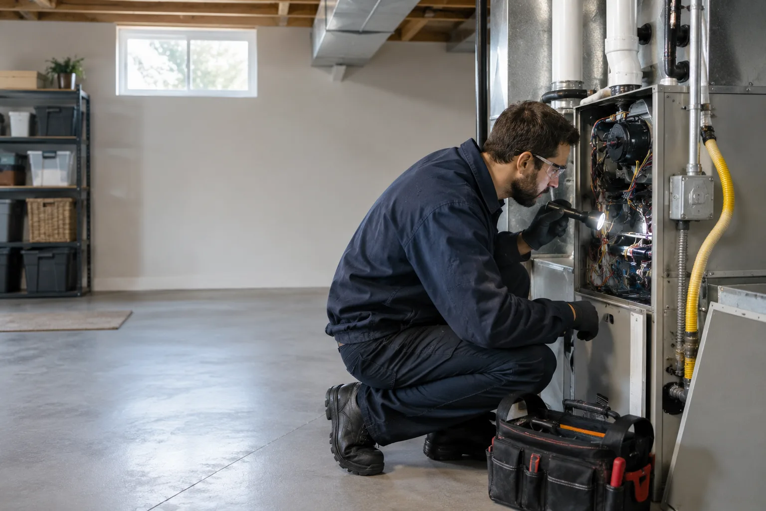 A technician servicing an open gas furnace in a clean basement
