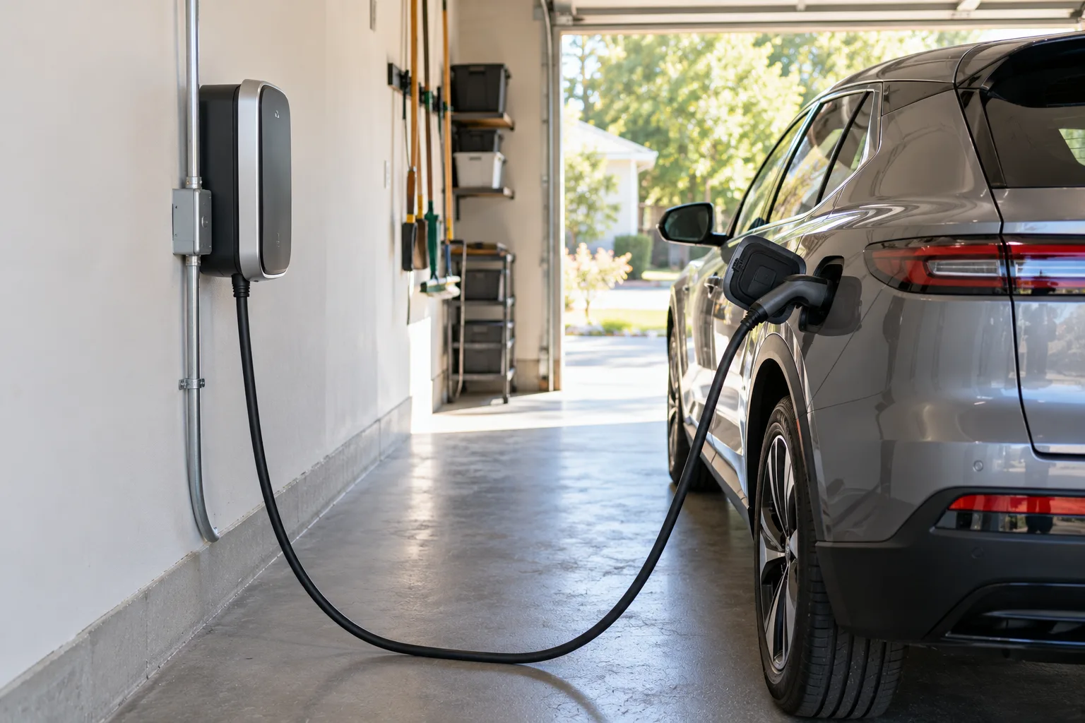 A Level 2 electric car charger mounted
