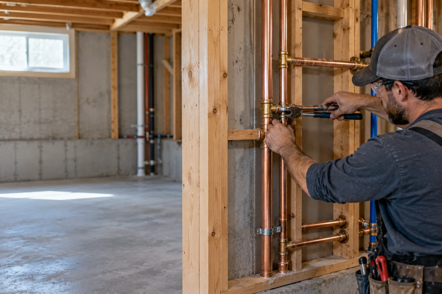 A plumber fitting new copper pipes in an unfinished basement wall