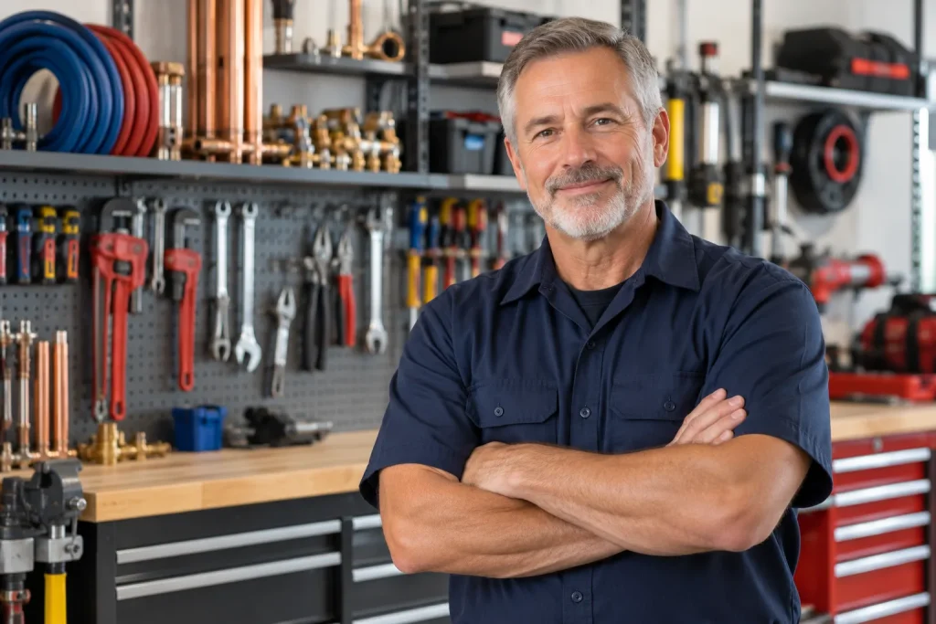 Dan Whitaker, owner and master plumber, arms crossed