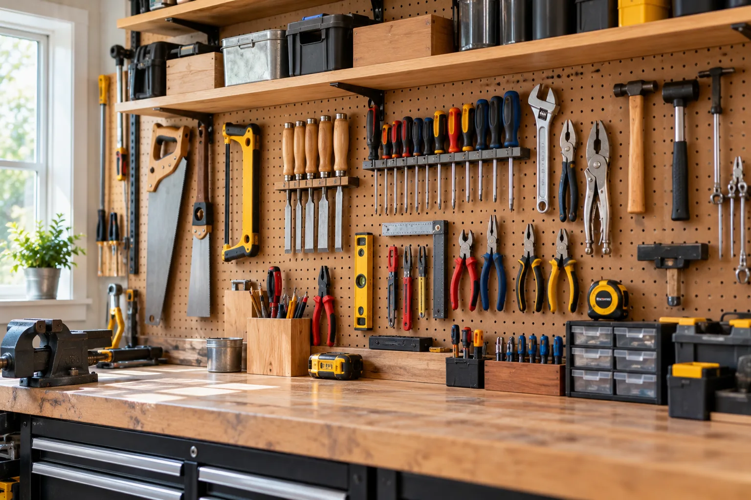Wall of hand tools in the Fernhill workshop