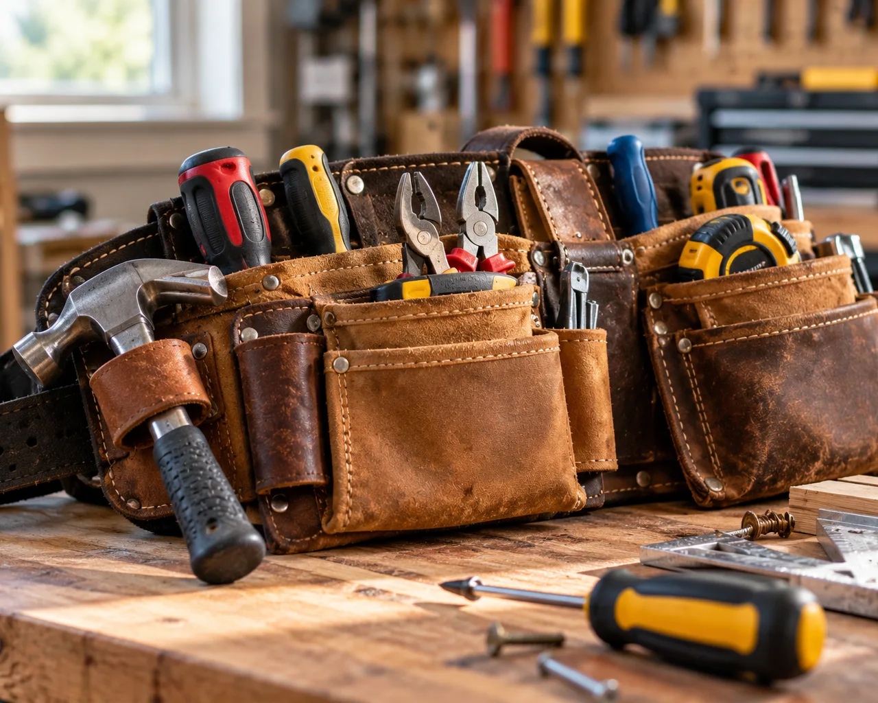 Tool belt full of hand tools on a workbench