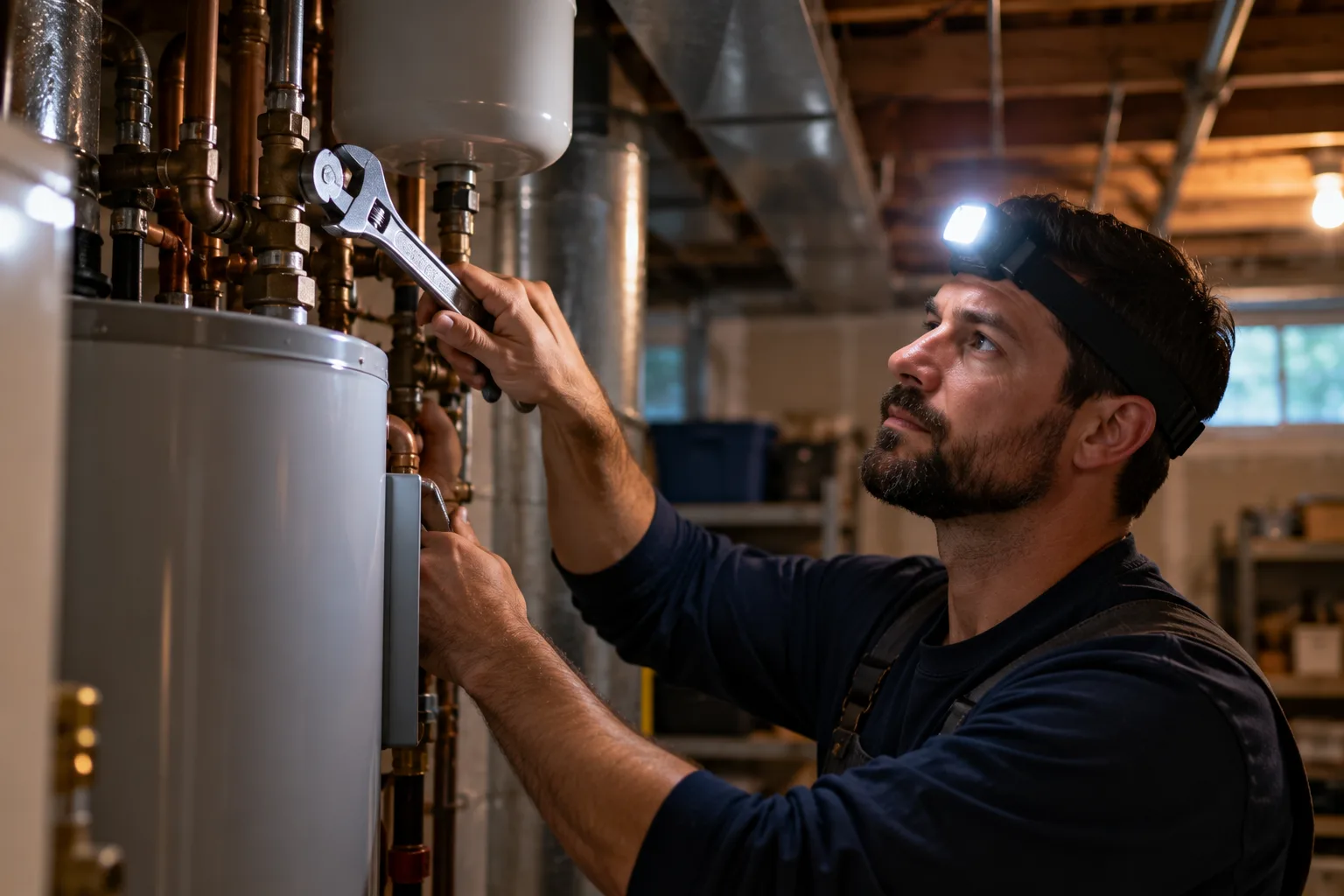 Technician with a headlamp holding a tool