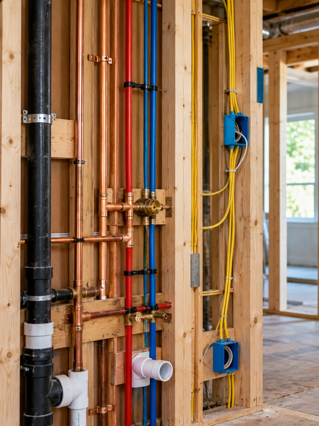 Open wall showing new plumbing and wiring