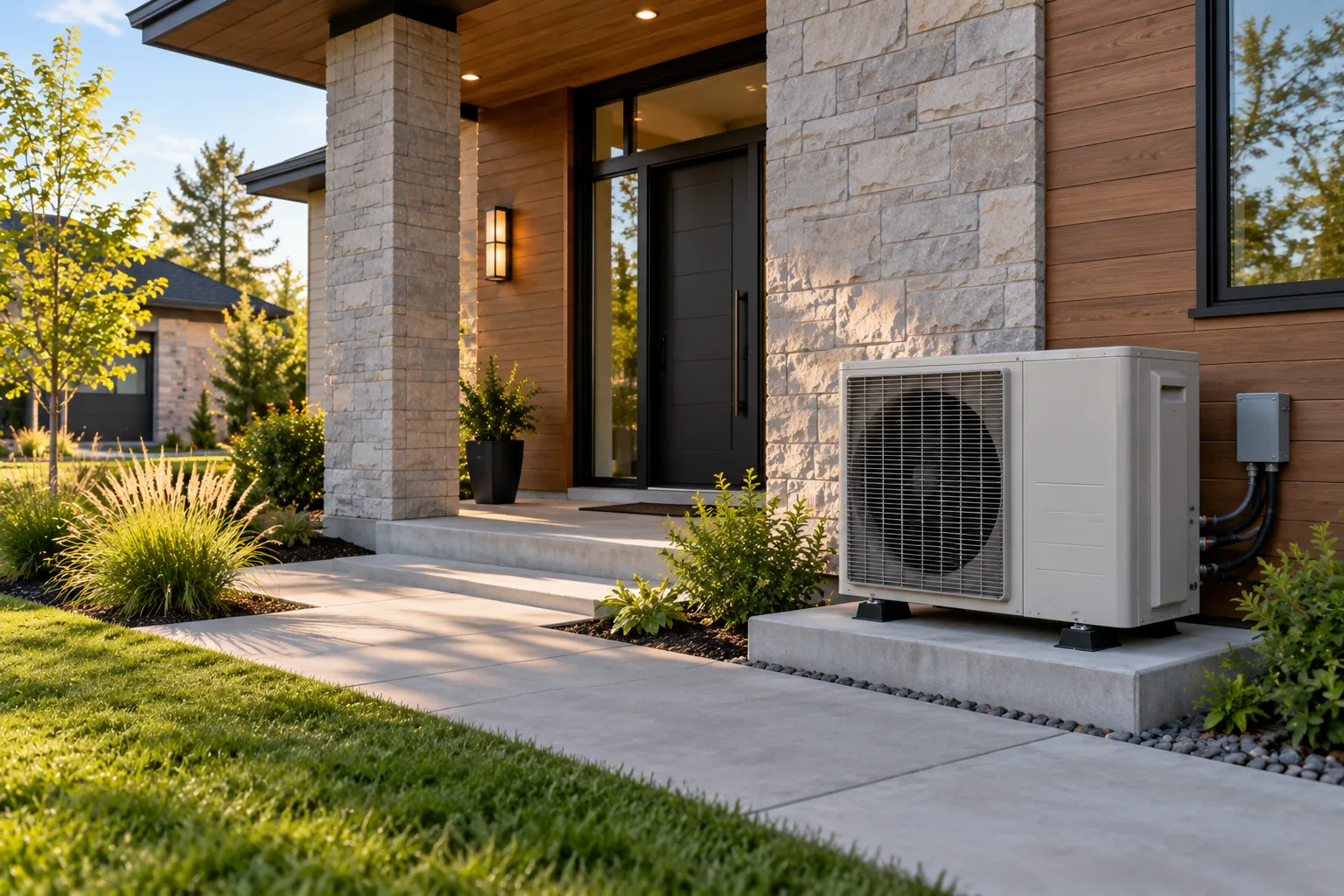 Modern house with a heat pump by the entrance