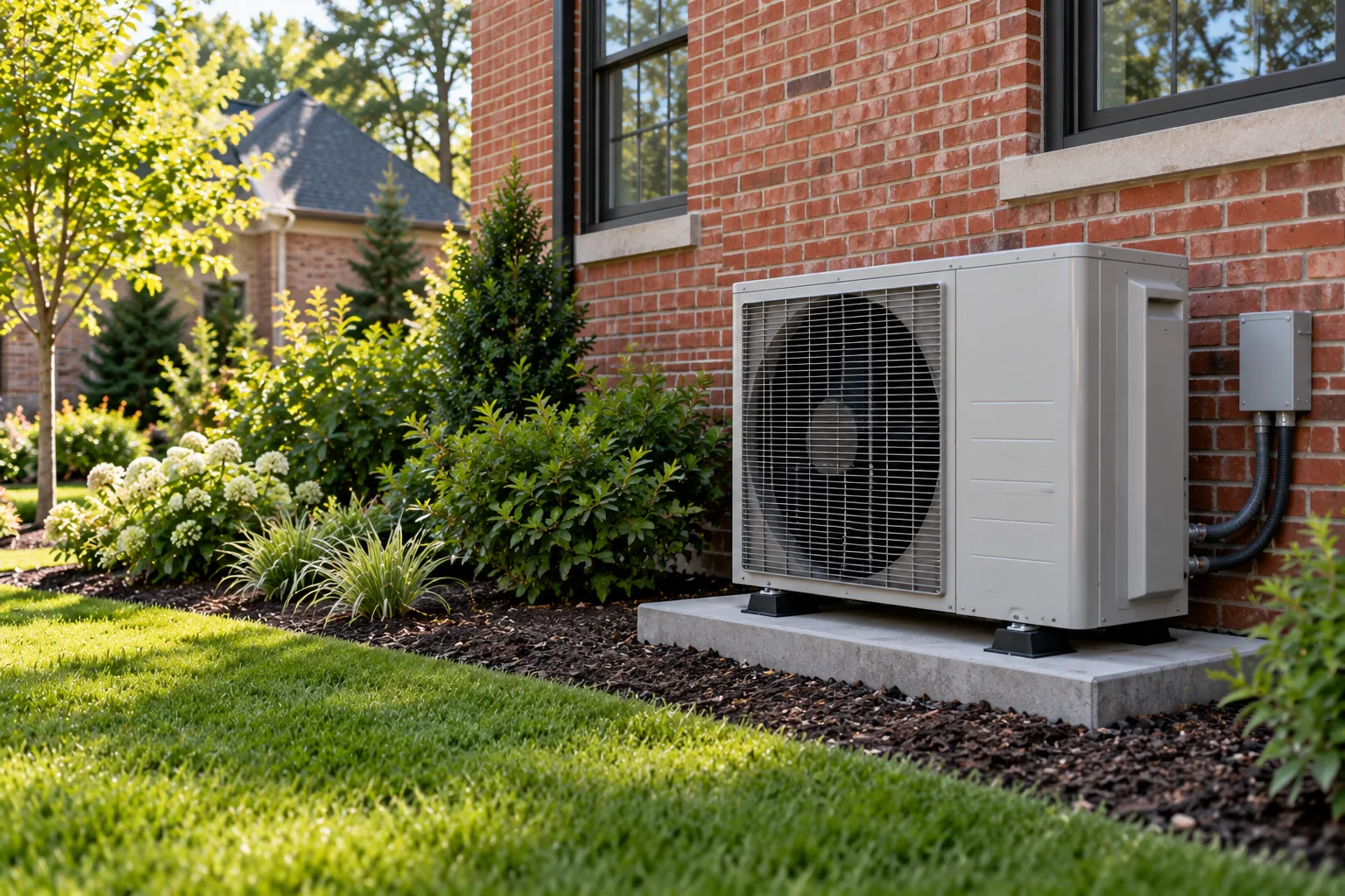 An outdoor heat pump unit installed beside a red brick home with shrubs around it
