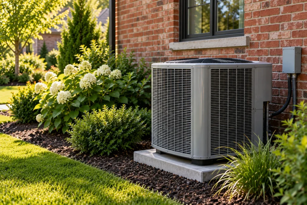 Outdoor AC condenser beside a brick wall