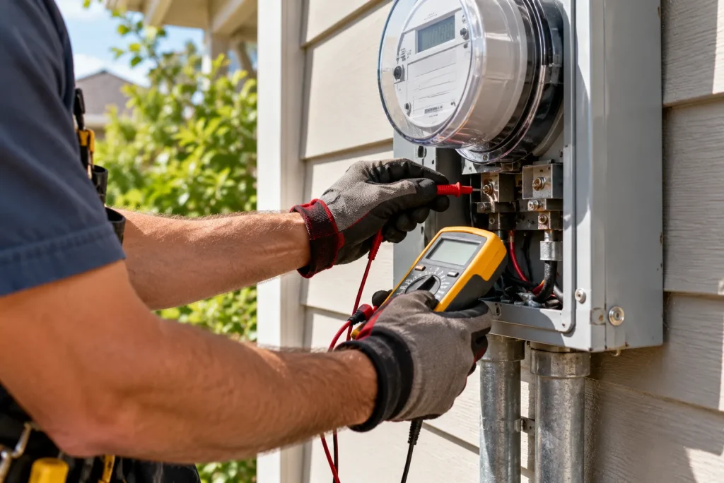 Electrician testing a home electrical meter
