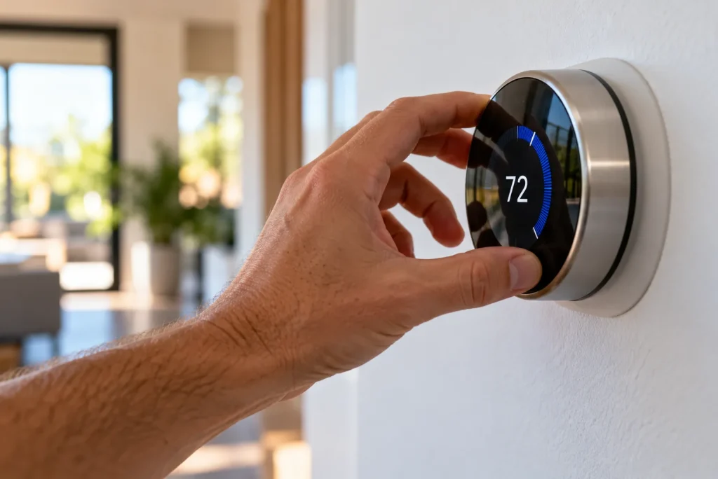 Hand adjusting a smart thermostat
