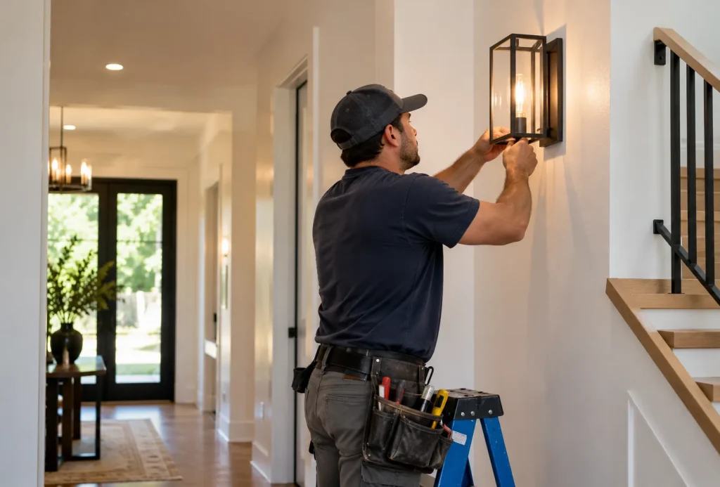 Technician installing a fixture on a wall