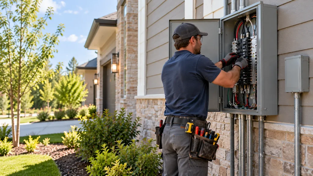 Electrician working on an outdoor panel