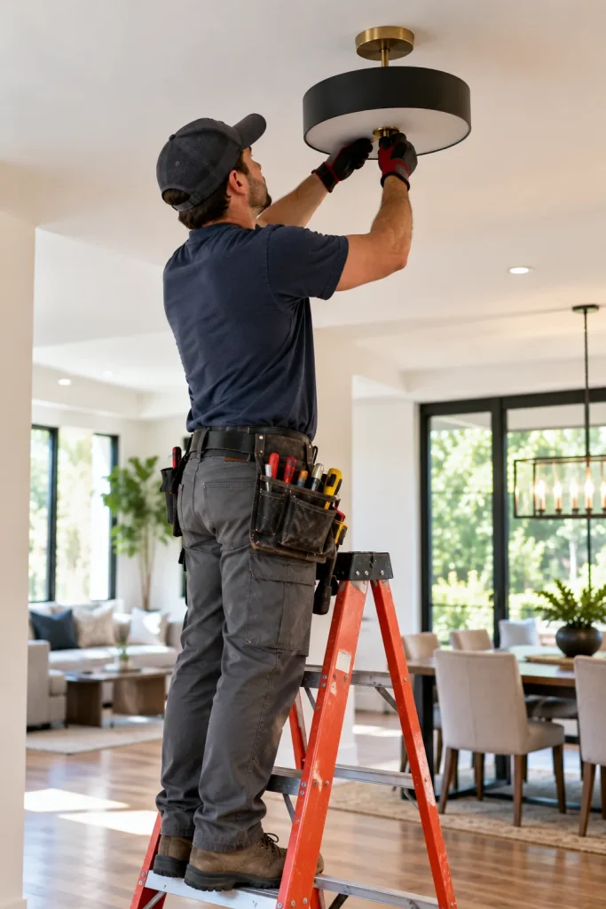 Technician on a ladder in a home