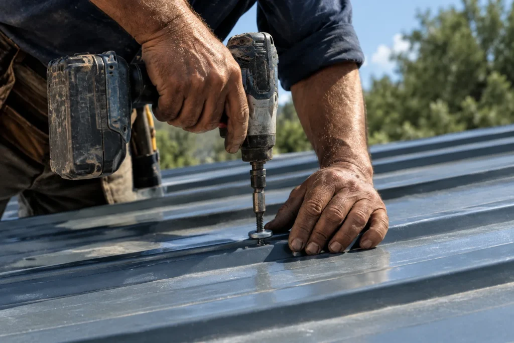 Hands fastening metal roofing