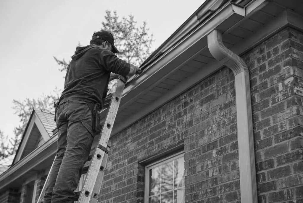 Technician on a ladder working on a brick home