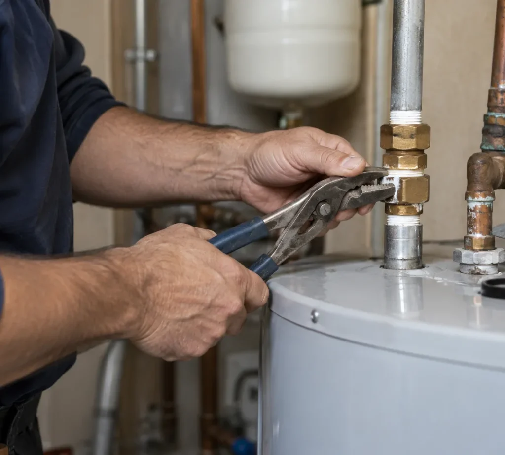 Technician tightening a fitting with pliers