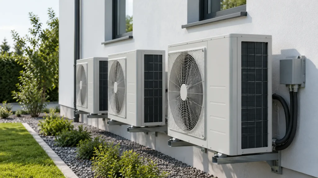 Heat pumps mounted on a white wall