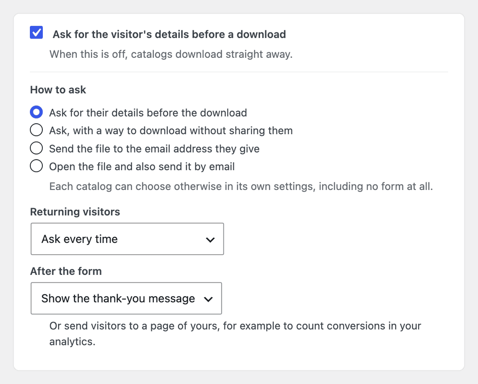 The options for how a form asks for details