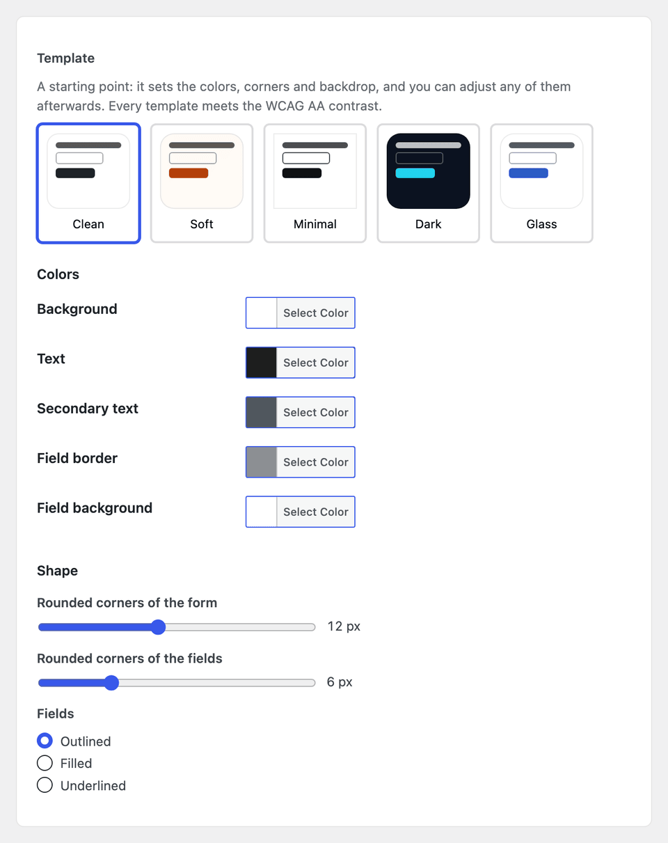 The design settings of a form