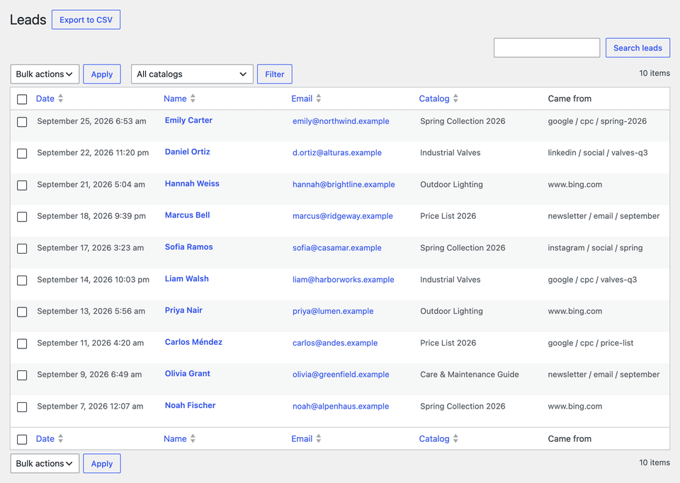 The Leads screen with ten requests