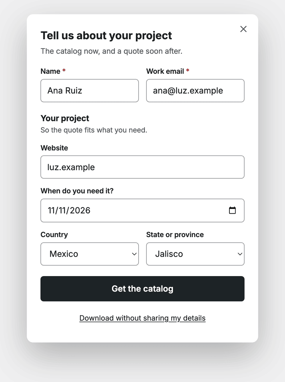 A form with website, date, country and state fields