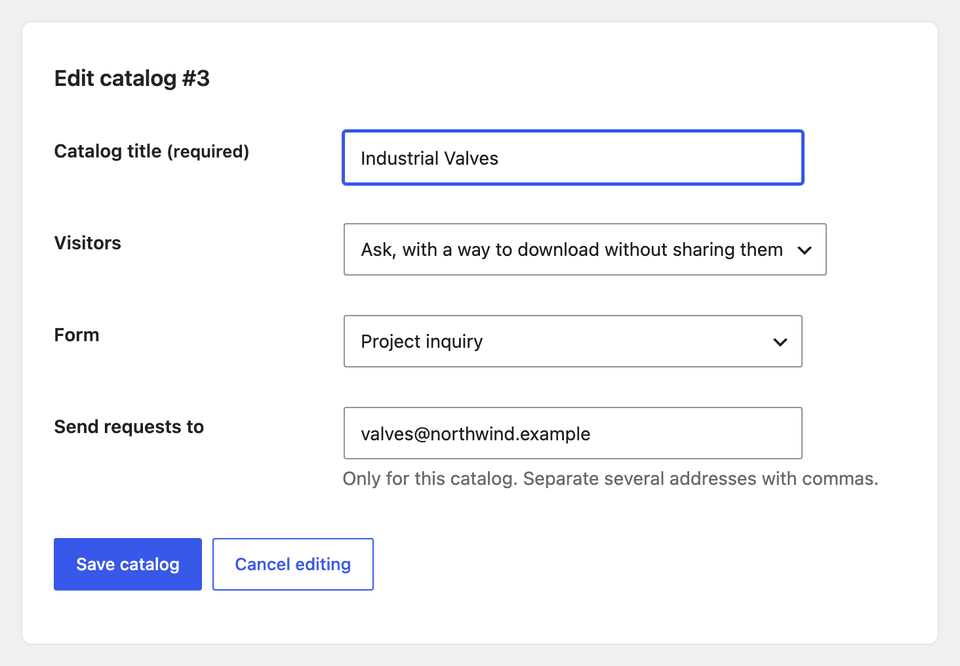 A catalog's settings, with its own form and recipients