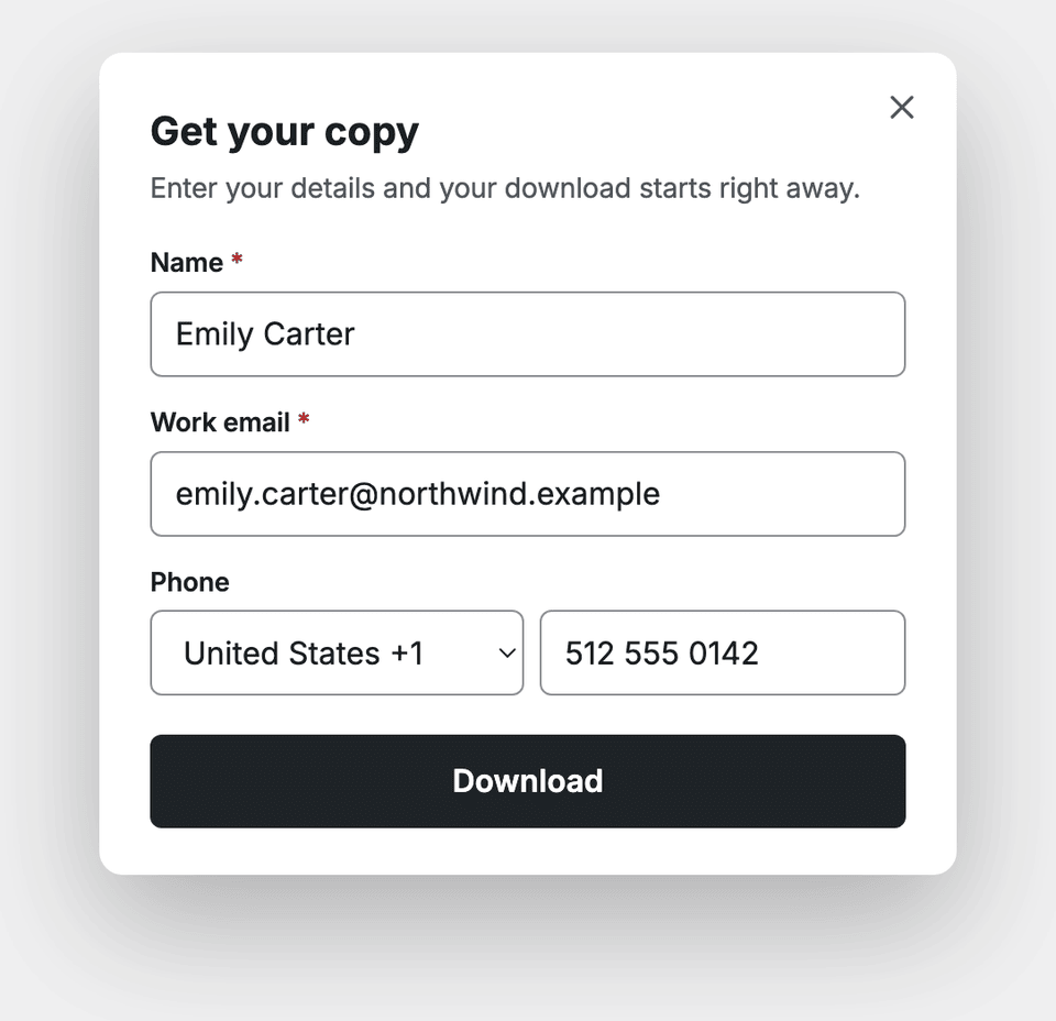 The phone field, with its list of country codes