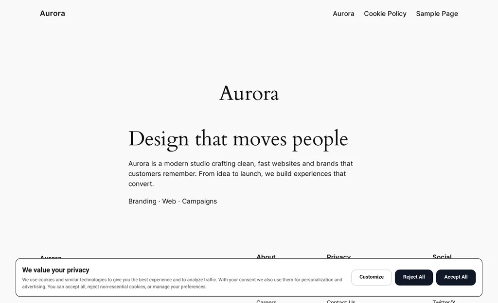 Cookie Rocket consent banner live on a website