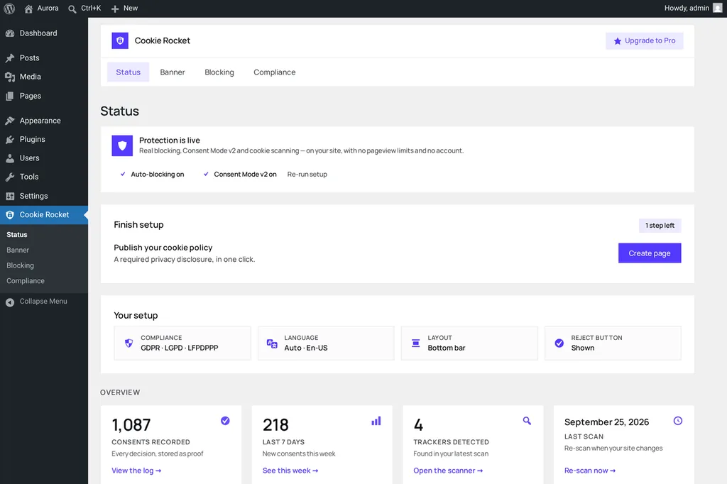 Cookie Rocket status dashboard
