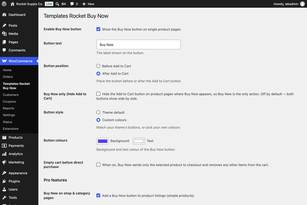 Buy Now settings screen