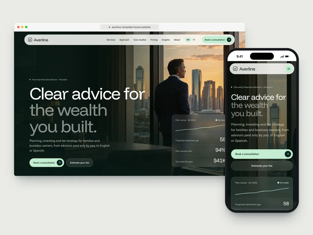 Averline financial advisor template on desktop and phone