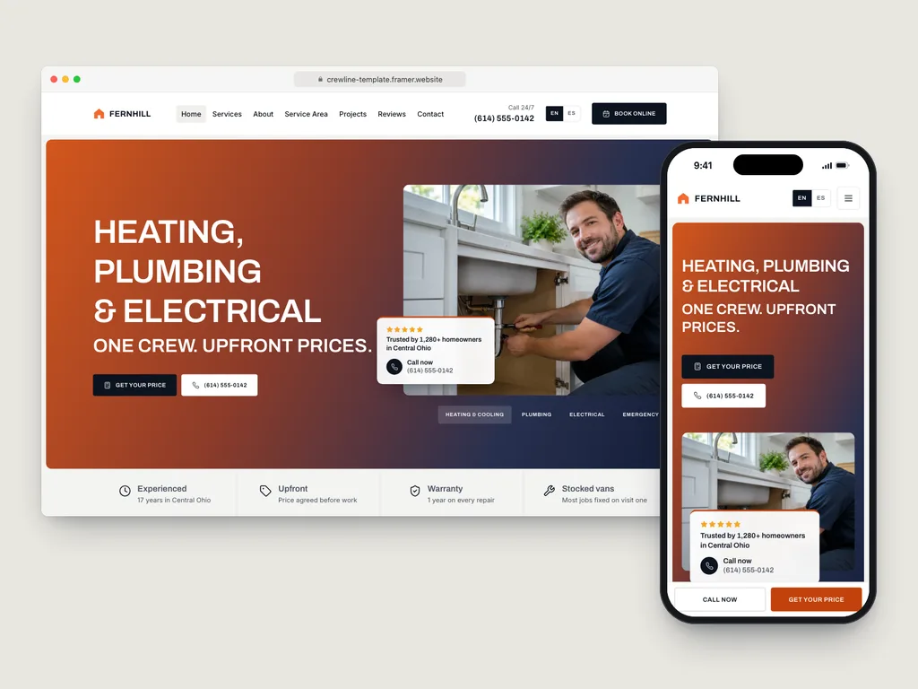 Crewline home services template on desktop and phone